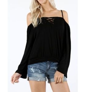 Long sleeve spaghetti strap‎ open shoulder top